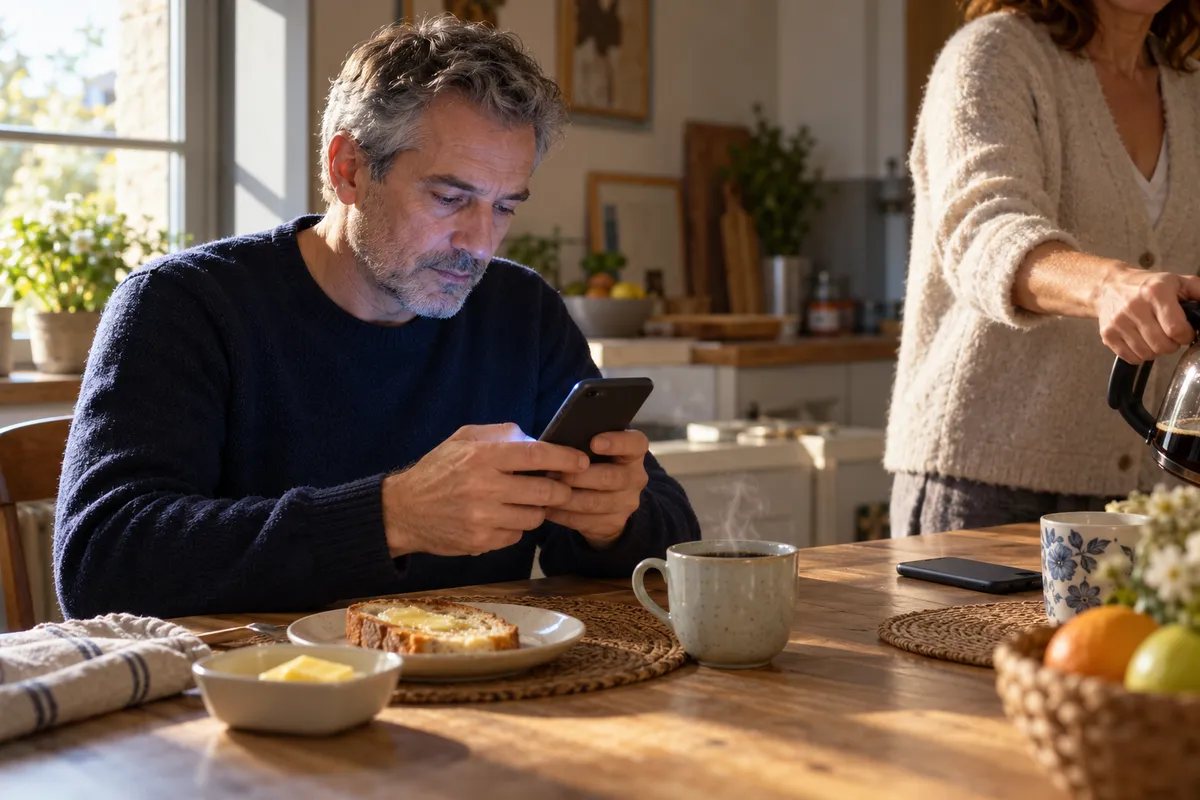 Dans une cuisine éclairée par le soleil du matin, un homme d'une cinquantaine d'années aux cheveux grisonnants, en pull marine, regarde son téléphone à deux mains devant son café et sa tartine, pendant qu'une femme saisit la cafetière au bord de la table.