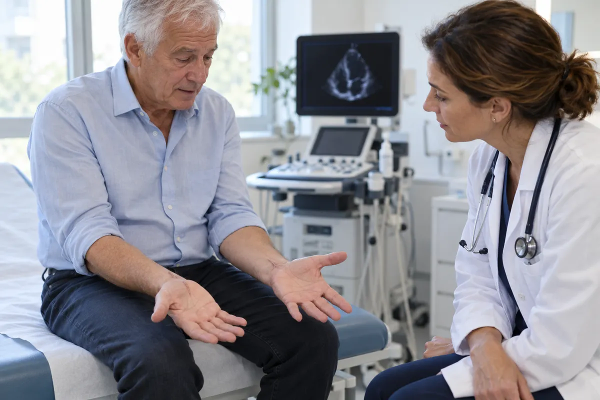 En consultation de cardiologie, un homme aux cheveux blancs assis sur une table d'examen tend ses deux mains paumes vers le haut vers une cardiologue en blouse blanche, un échographe en arrière-plan.