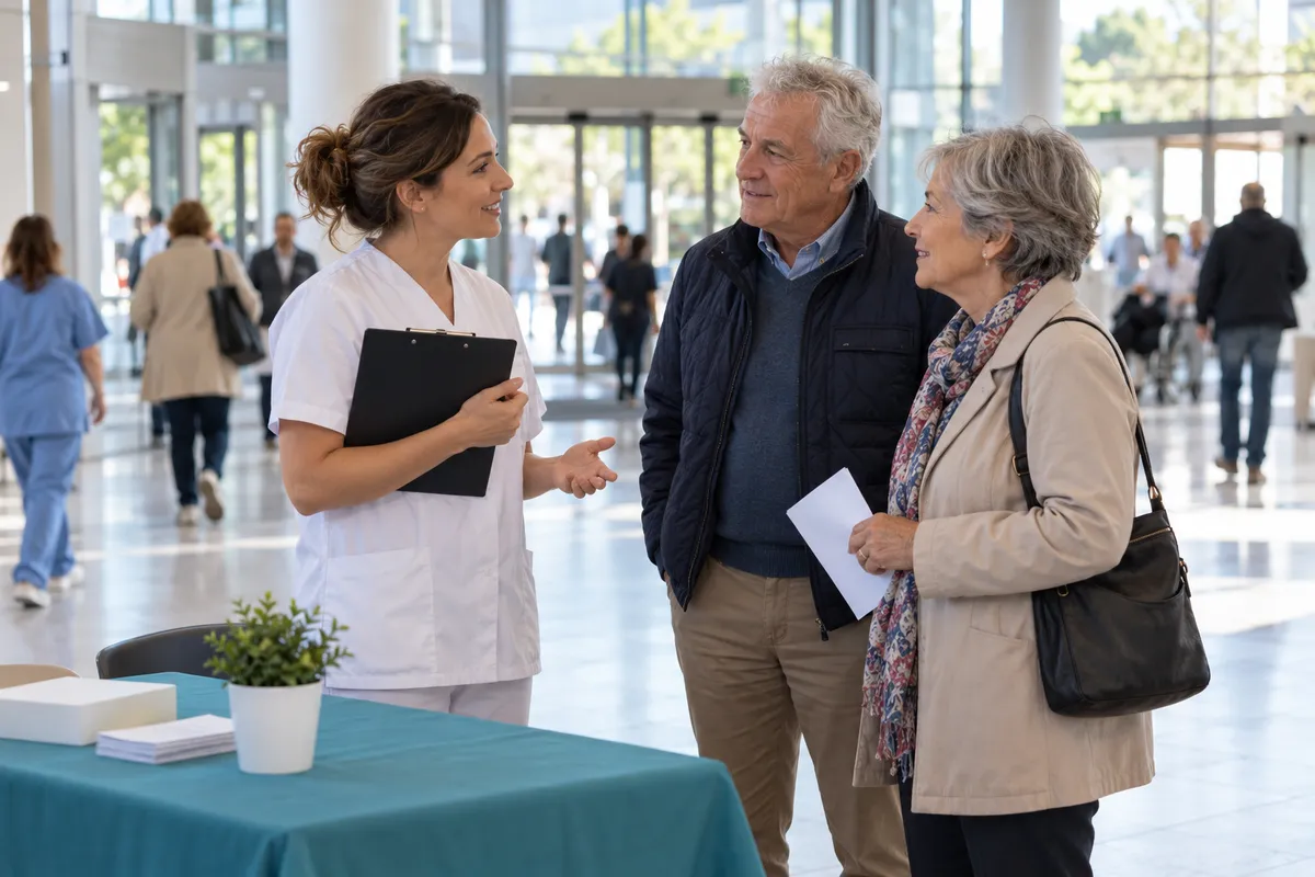 Dans le hall lumineux d'un hôpital, une infirmière en tunique blanche, un porte-documents à la main, renseigne un couple de sexagénaires près d'une table couverte d'une nappe bleu-vert.