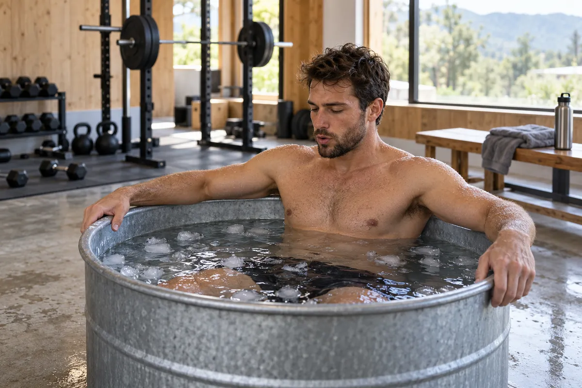 Un sportif est assis dans une bassine métallique remplie d'eau froide et de glaçons, dans une salle de musculation.