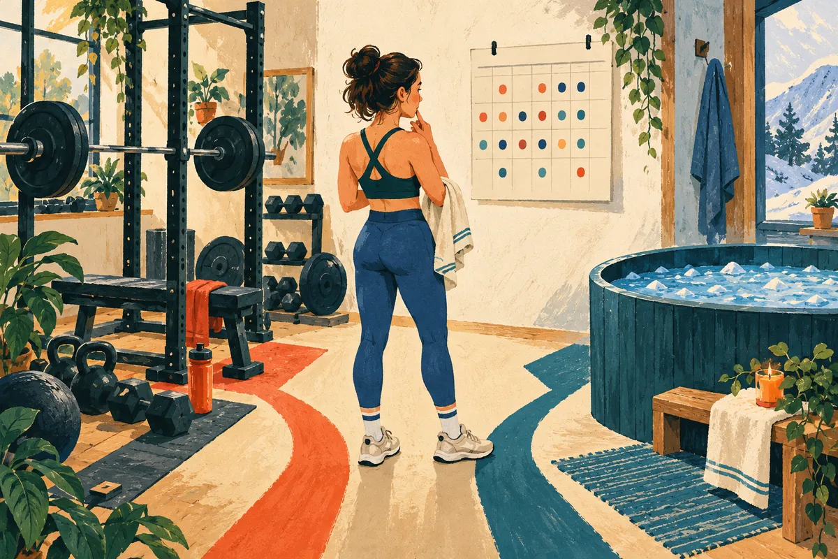 Illustration d'une sportive qui hésite entre un banc de musculation et un bain d'eau glacée, devant un calendrier d'entraînement.