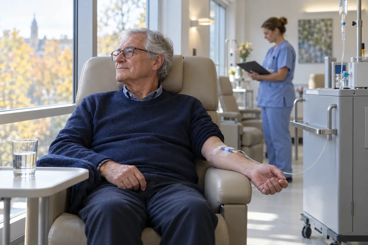 Dans une salle d'hôpital de jour baignée de lumière, un homme aux cheveux gris et lunettes, assis dans un fauteuil de soins, reçoit une perfusion au bras pendant qu'une infirmière consulte un dossier en arrière-plan.