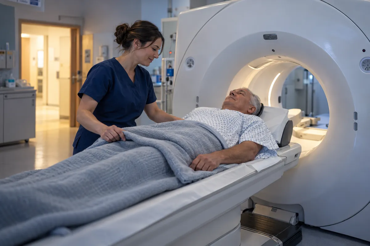 Dans un service d'imagerie, un homme d'une soixantaine d'années en blouse d'hôpital est allongé sur la table d'un scanner pendant qu'une manipulatrice en tenue bleue ajuste une couverture sur ses jambes.