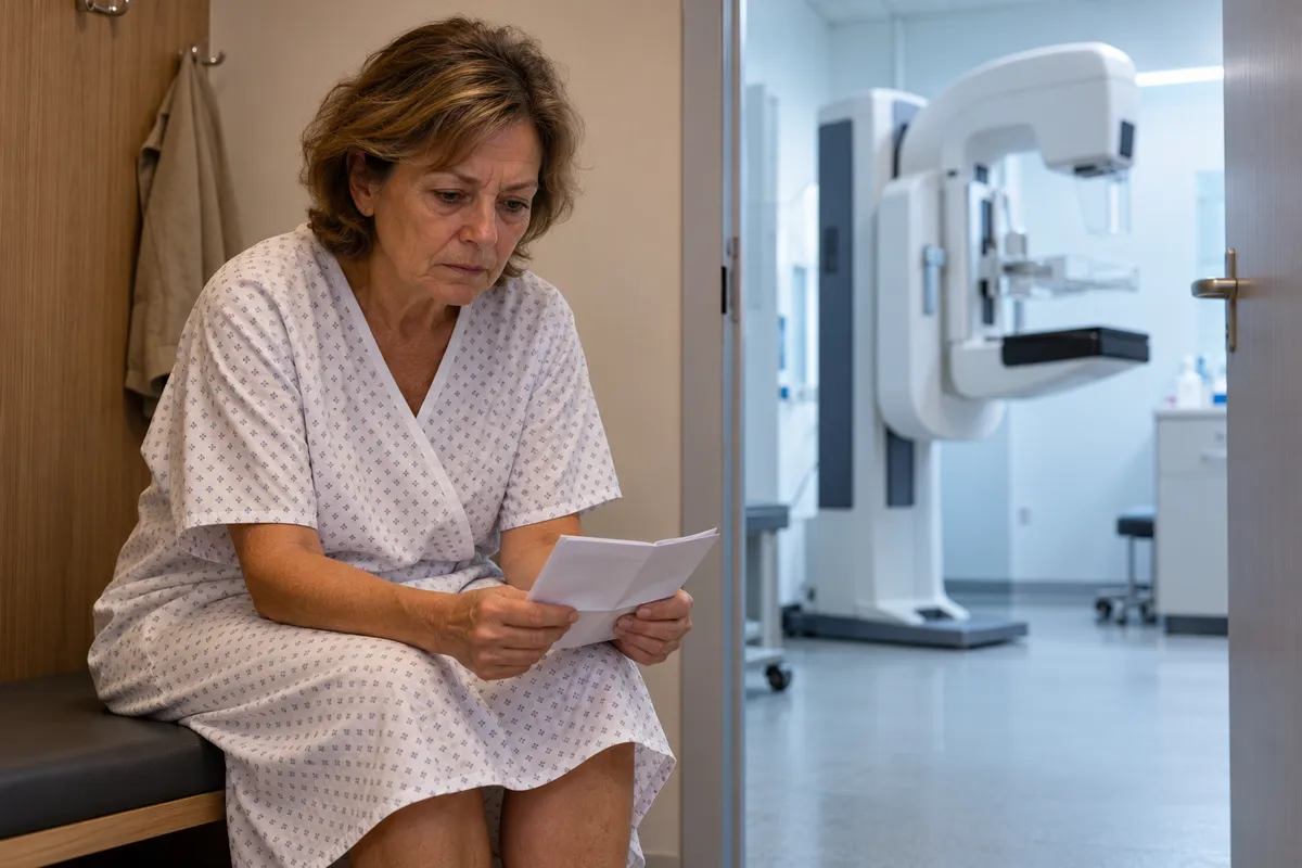 Dans la cabine d'un centre de radiologie, une femme d'une soixantaine d'années en blouse d'examen, assise sur un banc, tient une lettre pliée entre ses mains, le regard baissé ; par la porte ouverte, on aperçoit un mammographe dans une salle claire.