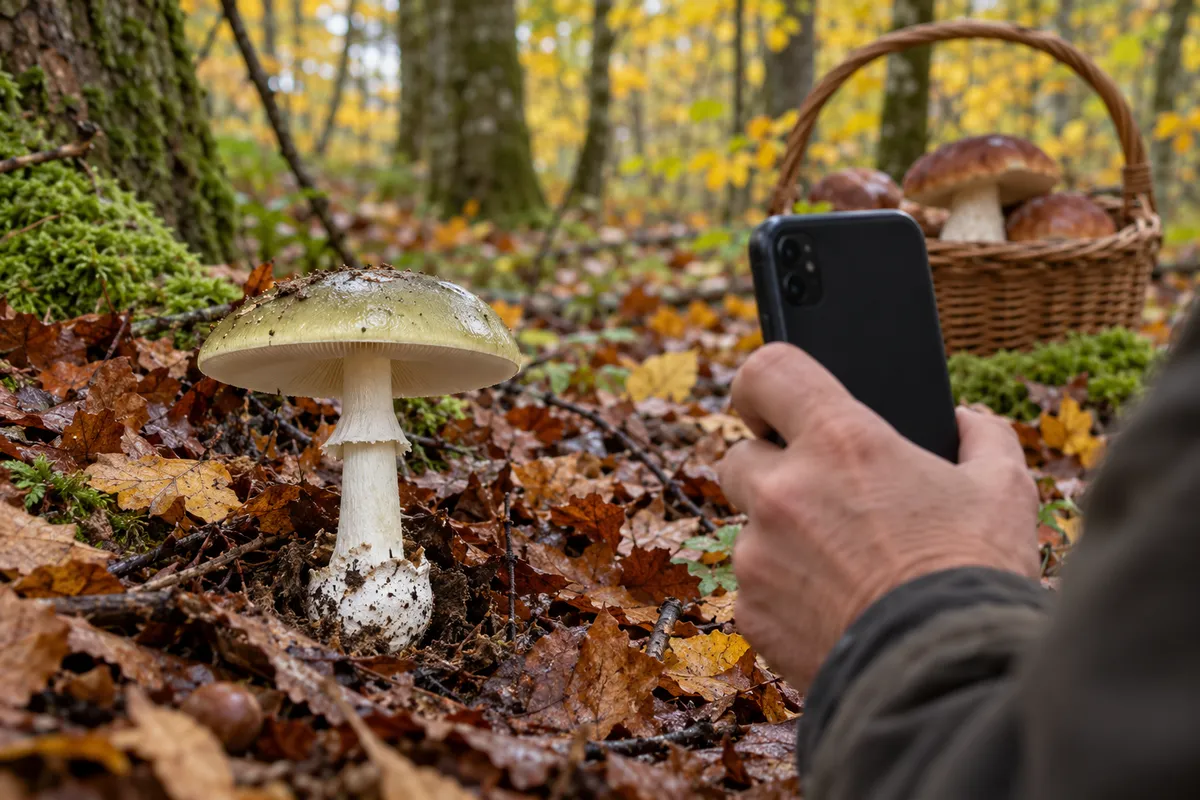 Une amanite phalloïde au chapeau vert olive dans les feuilles mortes, photographiée au smartphone par un cueilleur