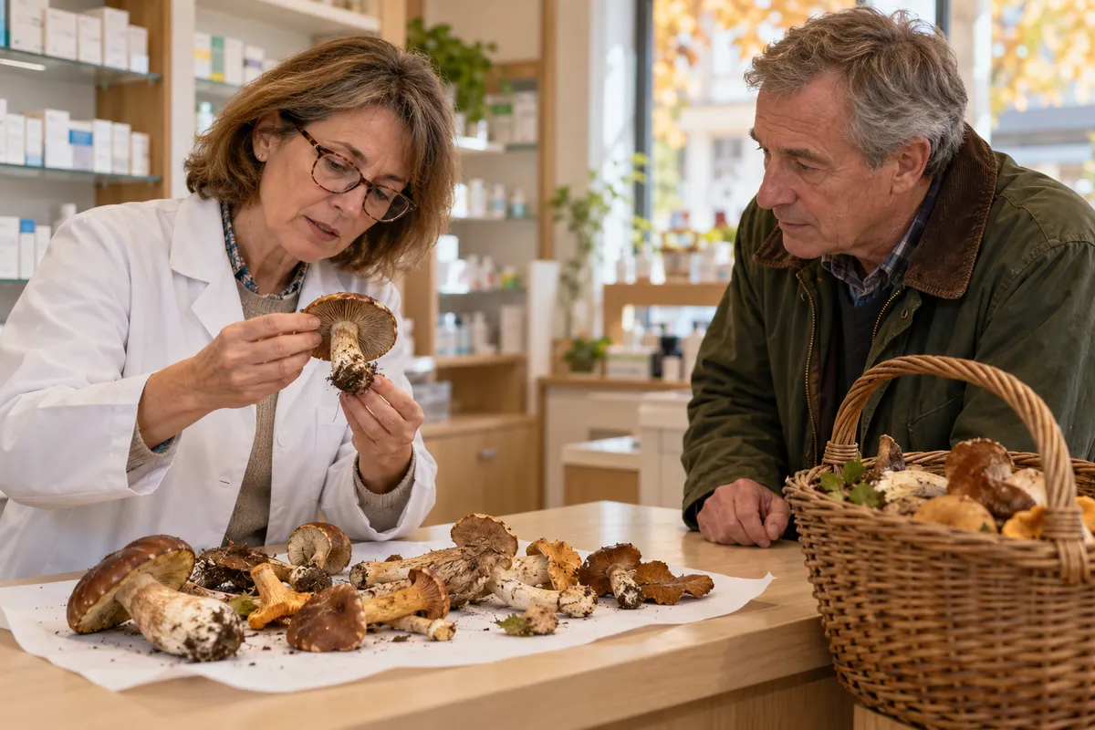 Une pharmacienne examine un champignon sauvage tenu à l'envers, face à un cueilleur venu avec son panier