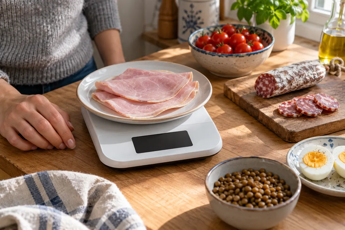Sur un plan de travail en bois baigné de soleil, quelques tranches de jambon blanc posées sur une assiette au-dessus d'une balance de cuisine blanche à l'écran éteint, à côté d'un saucisson entamé, de tomates cerises, de lentilles et d'œufs durs.