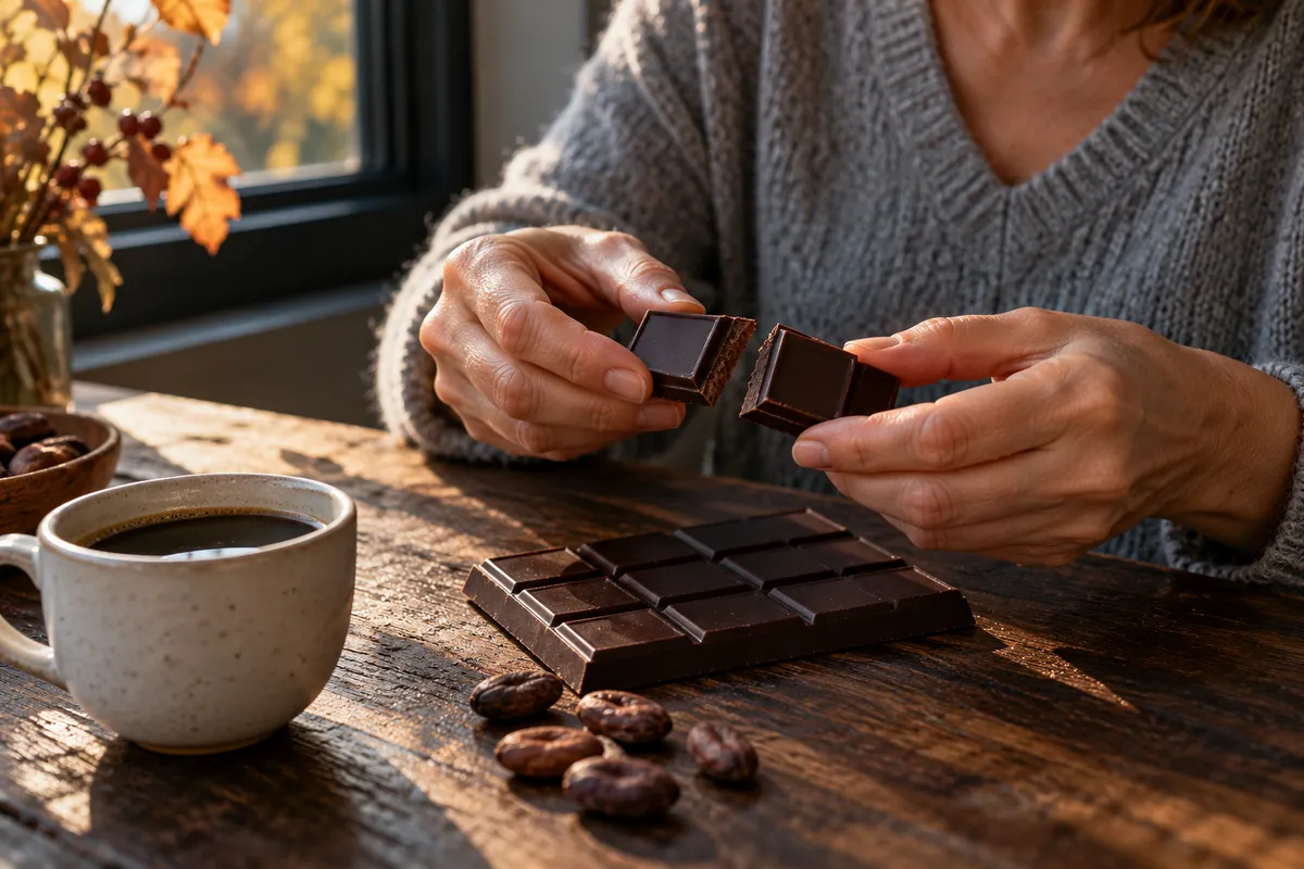 Une femme en pull gris casse deux carrés d'une tablette de chocolat noir au-dessus d'une table en bois, à côté de fèves de cacao et d'une tasse de café.