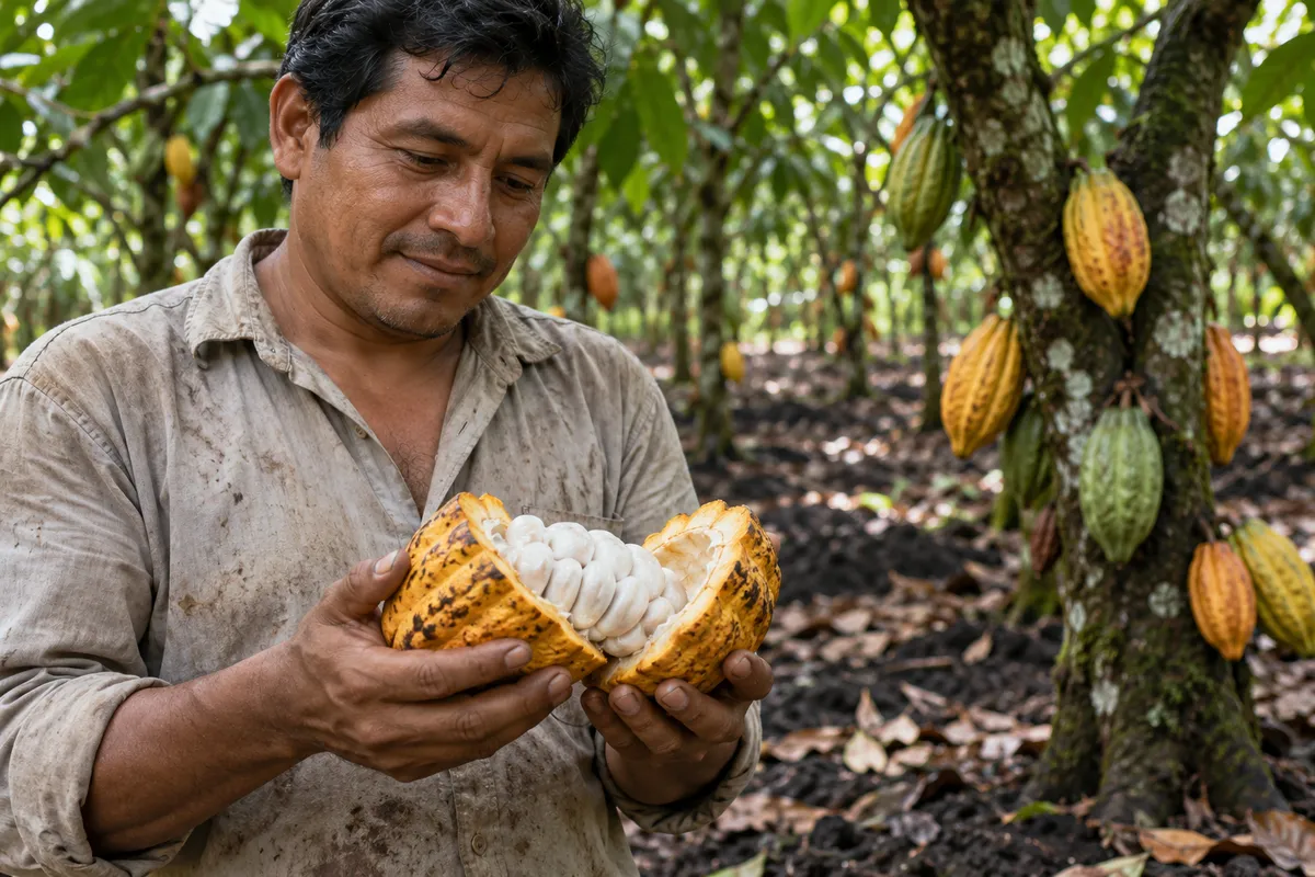 Un agriculteur tient une cabosse de cacao ouverte dans une plantation, devant des cacaoyers chargés de cabosses.
