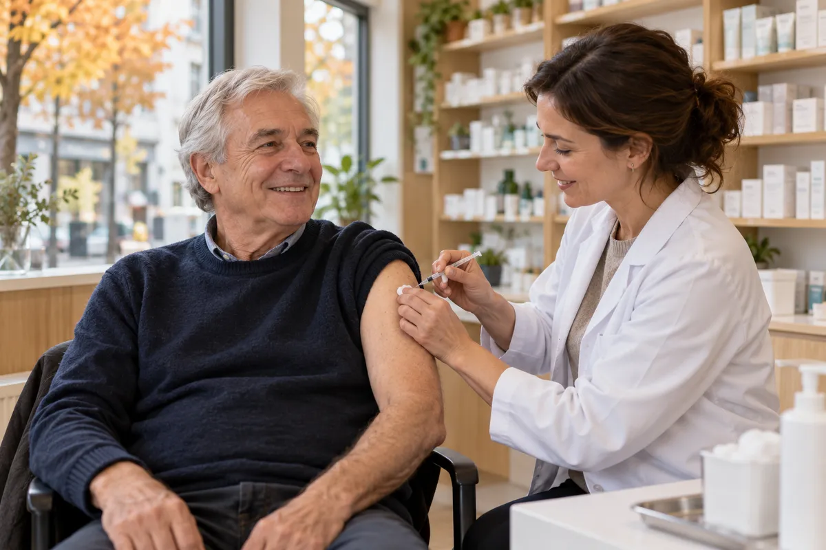 Une pharmacienne vaccine un homme âgé au bras dans une pharmacie, avec des feuilles d'automne visibles par la fenêtre.