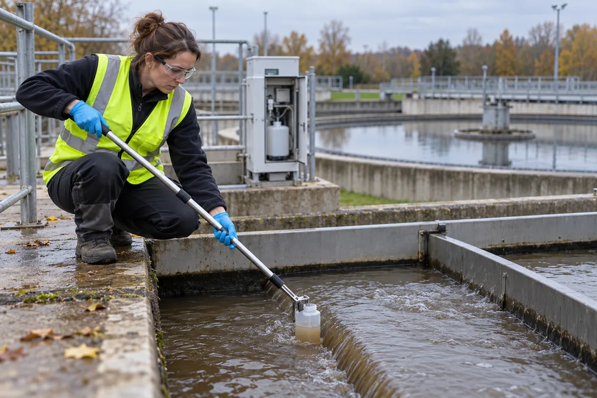 Une technicienne en gilet fluorescent prélève de l'eau dans un canal d'entrée d'une station d'épuration à l'aide d'une perche.
