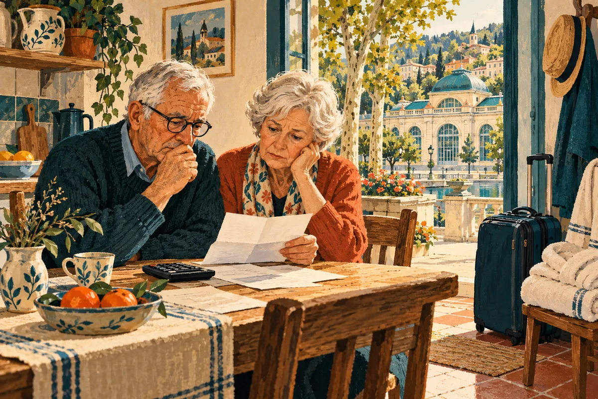 Illustration d'un couple de retraités assis à la table de la cuisine, inquiet devant une lettre et une calculatrice, une petite valise prête près de la porte et une station thermale visible par la fenêtre.