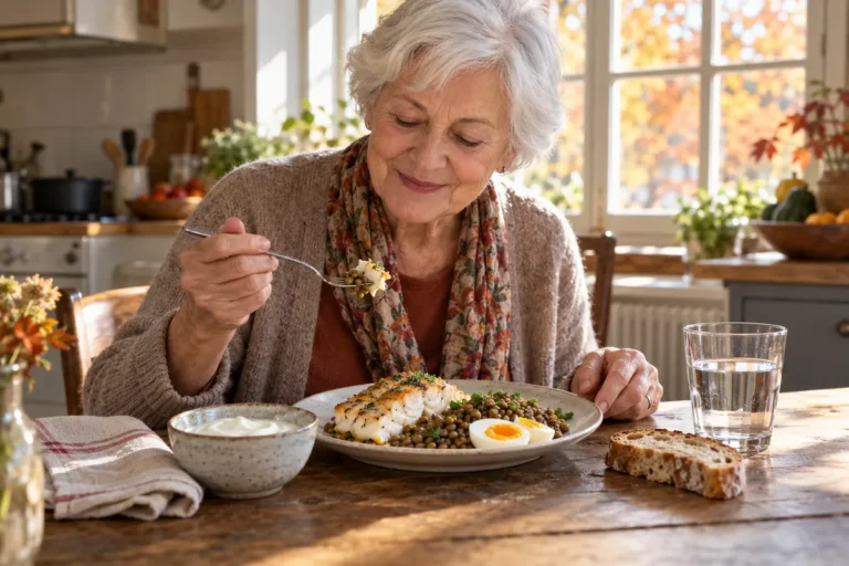 Dans une cuisine ensoleillée, une femme aux cheveux blancs d'environ 75 ans déjeune avec plaisir d'un pavé de poisson, de lentilles et d'un œuf, avec un bol de yaourt, du pain et un verre d'eau.