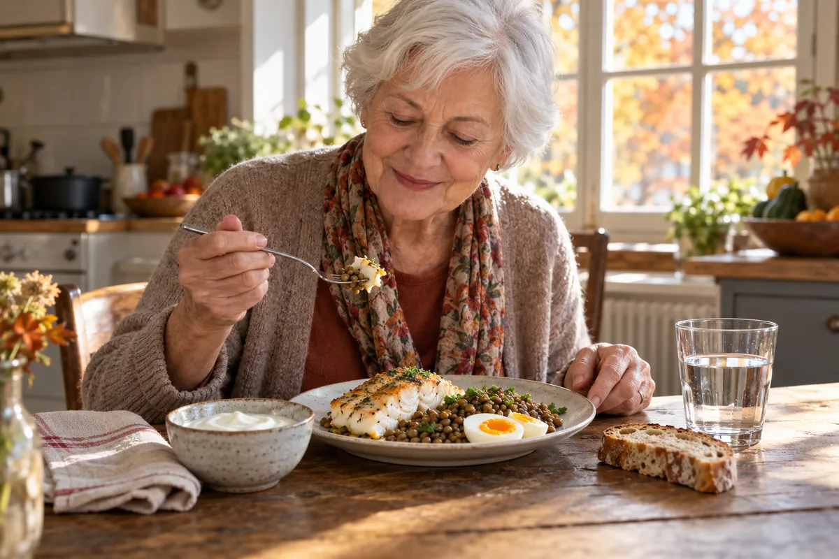 Dans une cuisine ensoleillée, une femme aux cheveux blancs d'environ 75 ans déjeune avec plaisir d'un pavé de poisson, de lentilles et d'un œuf, avec un bol de yaourt, du pain et un verre d'eau.