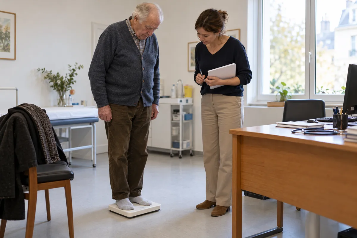Dans un cabinet de médecine générale, un homme âgé en gilet et en chaussettes se tient sur une balance pendant qu'une médecin, carnet et stylo à la main, regarde la pesée.