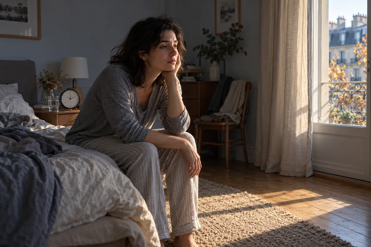 Dans une chambre encore sombre, une femme d'une trentaine d'années en pyjama est assise au bord du lit défait, le visage dans la main, tournée vers la fenêtre d'où entre le soleil bas d'un matin d'automne.