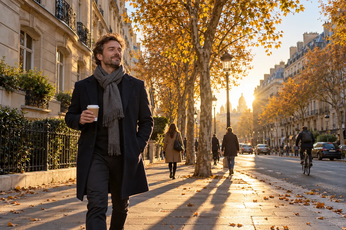 Dans une rue bordée d'immeubles en pierre et de platanes aux feuilles jaunes, un homme en manteau marine et écharpe marche vers le soleil levant, un gobelet de café à la main.