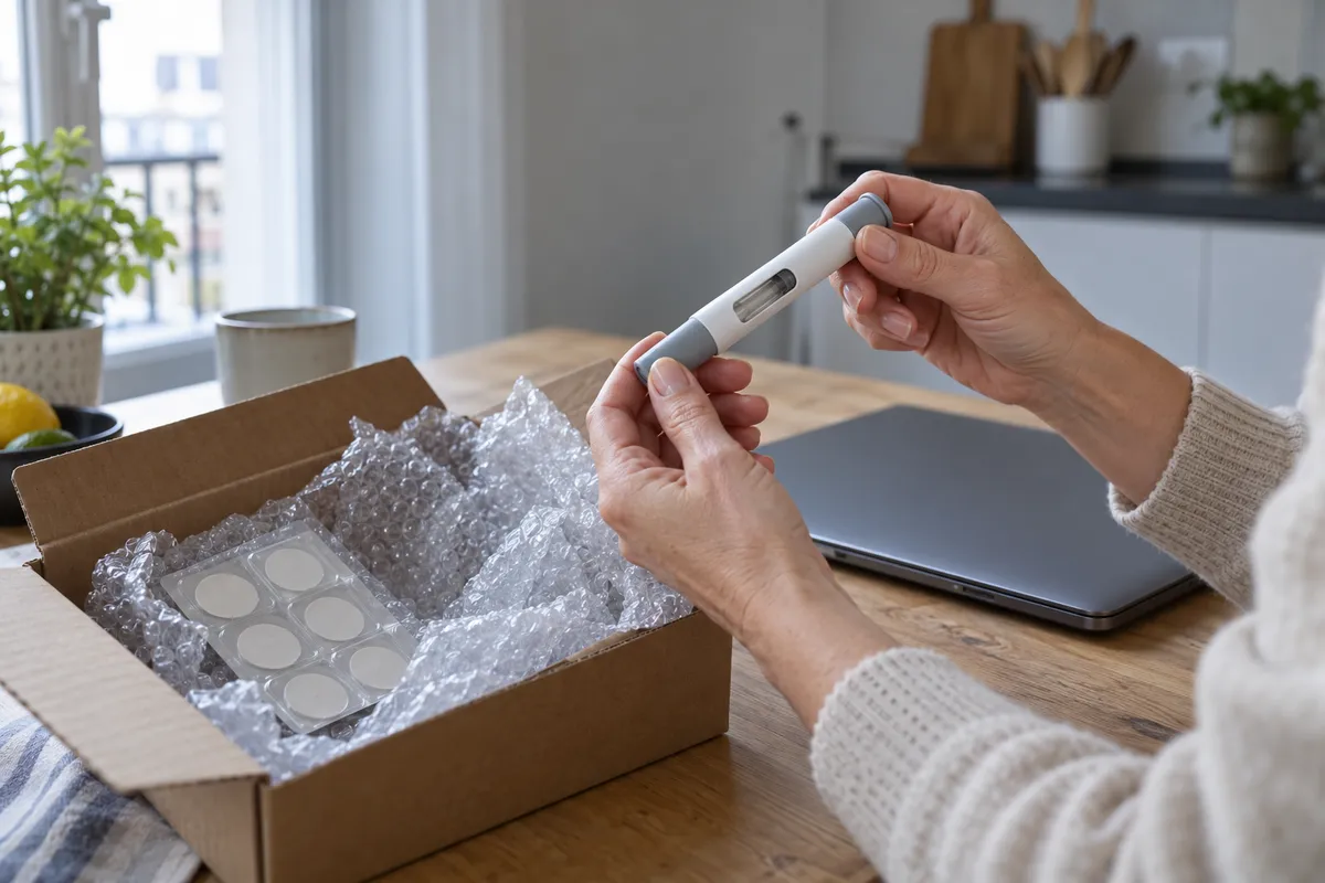 Mains tenant un stylo injecteur blanc sans marque au-dessus d'un colis ouvert contenant du papier bulle et une plaquette de patchs, sur une table de cuisine.