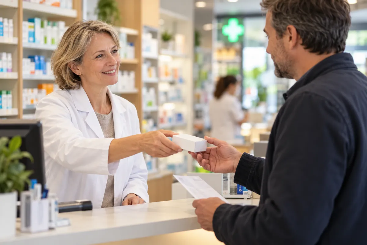 Dans une pharmacie, une pharmacienne en blouse blanche tend une boîte de médicament à un homme qui tient une ordonnance pliée.