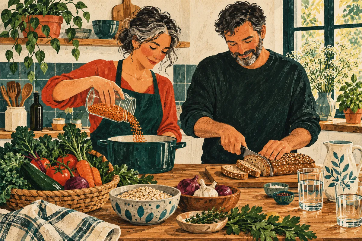 Illustration à la gouache : un couple prépare un repas dans une cuisine, la femme verse des lentilles dans une casserole, l'homme coupe du pain aux céréales, entourés de légumes.
