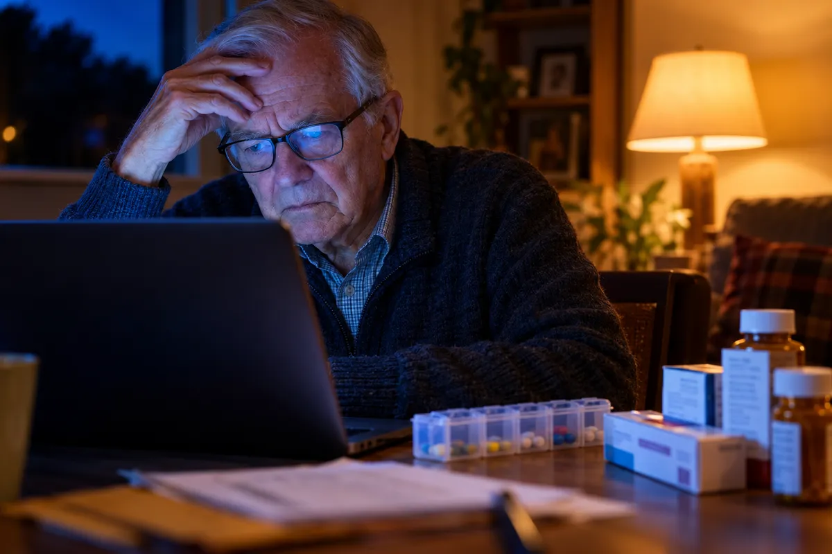 Le soir dans son salon, un homme d'environ 70 ans, la main sur le front, regarde l'écran de son ordinateur portable, à côté d'un pilulier et de boîtes de médicaments.