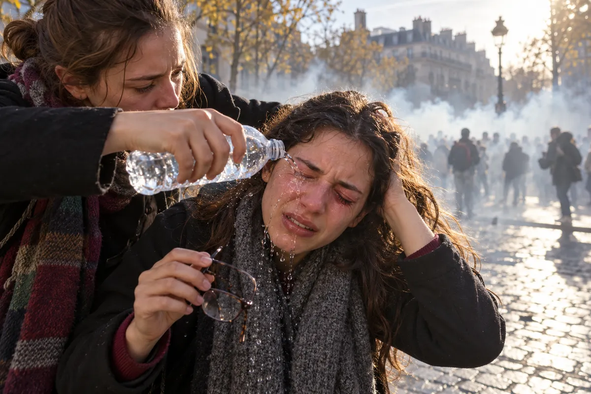 Sur un boulevard voilé d'une fumée blanche, à contre-jour, une jeune femme aux yeux rougis et fermés penche la tête pendant qu'une amie lui verse un filet d'eau d'une bouteille en plastique sur l'œil ; elle tient ses lunettes dans une main et ses cheveux de l'autre.