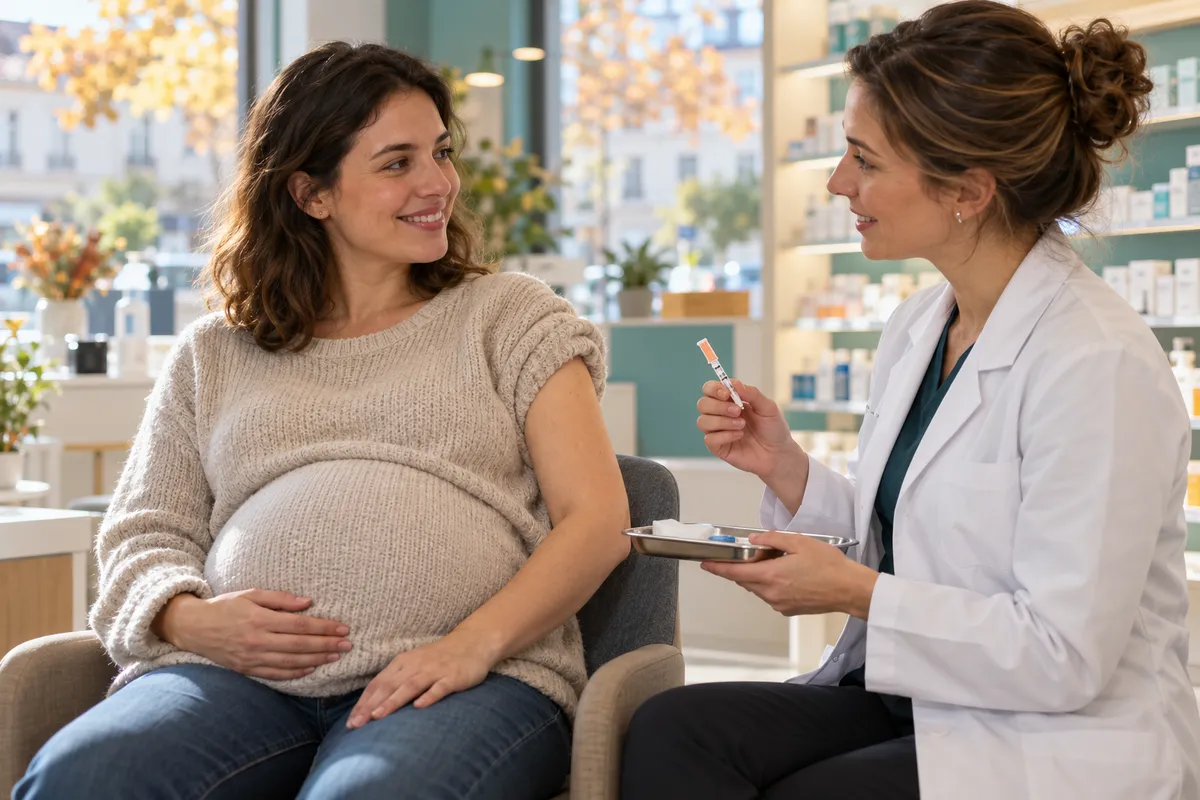Une femme enceinte souriante, manche relevée, assise dans une pharmacie lumineuse, pendant qu'une pharmacienne tient une seringue de vaccin.