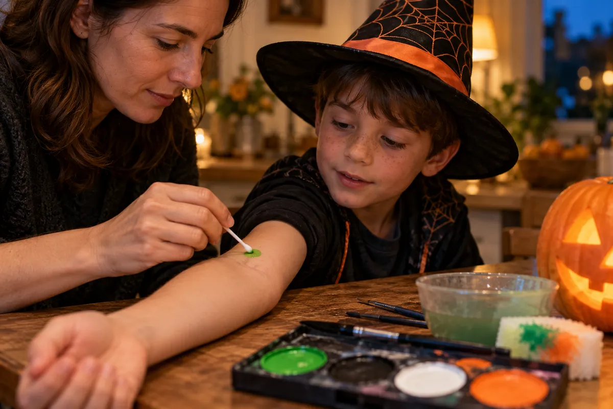 Sur une table de cuisine, une mère dépose au coton-tige une petite touche de fard vert à l'intérieur de l'avant-bras de son fils, coiffé d'un chapeau de sorcière, à côté d'une palette de maquillage ouverte et d'une citrouille sculptée.