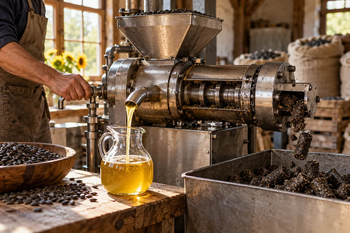 Dans un petit moulin artisanal, une presse à vis écrase des graines de tournesol ; l'huile coule dans une cruche et le tourteau tombe dans un bac.