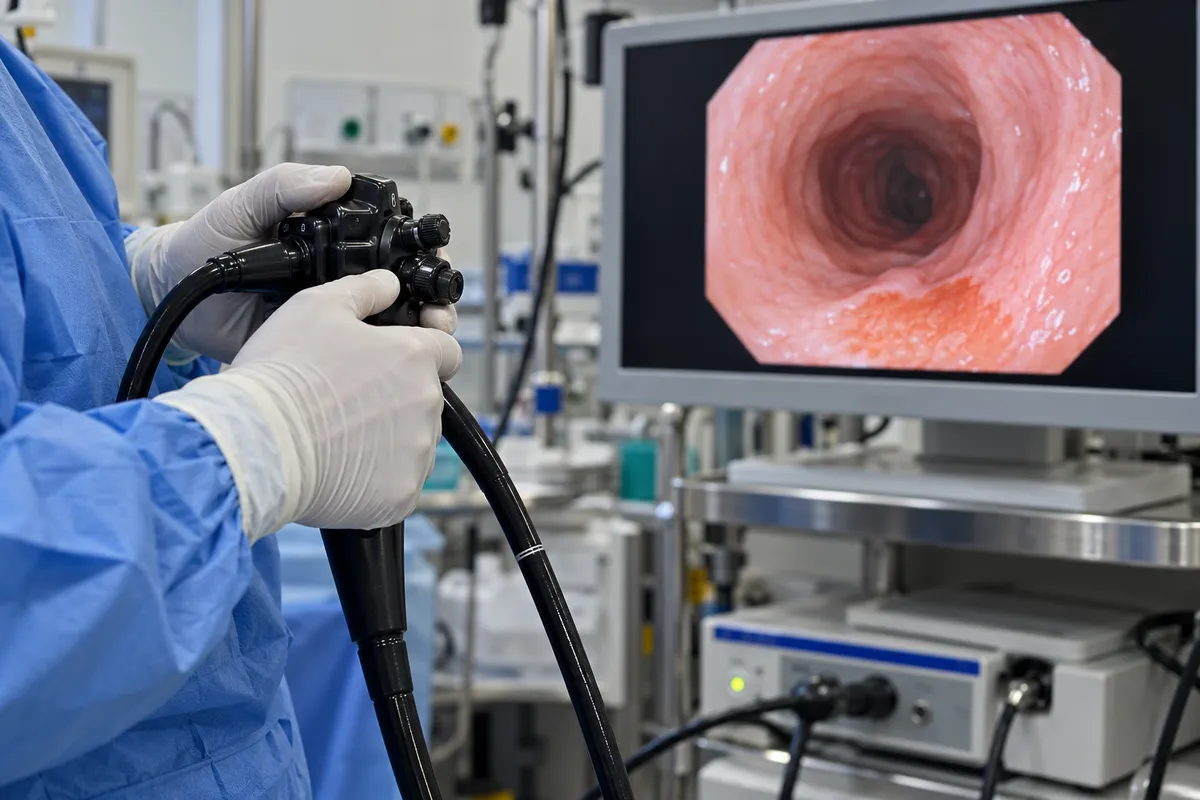 Dans une salle d'endoscopie, les mains gantées d'un gastro-entérologue en blouse bleue tiennent la poignée noire d'un endoscope souple ; à l'arrière-plan, un écran montre l'intérieur rose d'un œsophage avec une plage orangée près du bas.