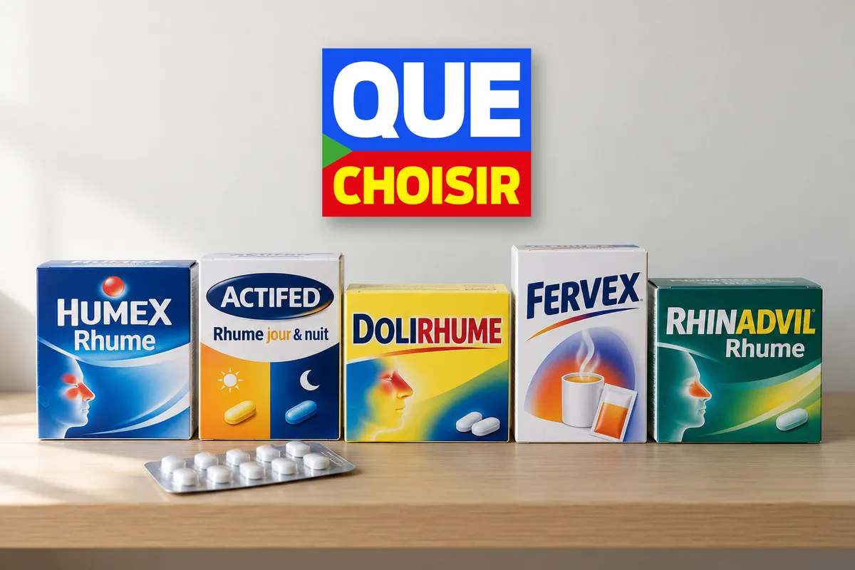 Boîtes d'Humex Rhume, Actifed Rhume jour et nuit, Dolirhume, Fervex et Rhinadvil Rhume alignées sur une étagère, devant le logo de Que Choisir accroché au mur.