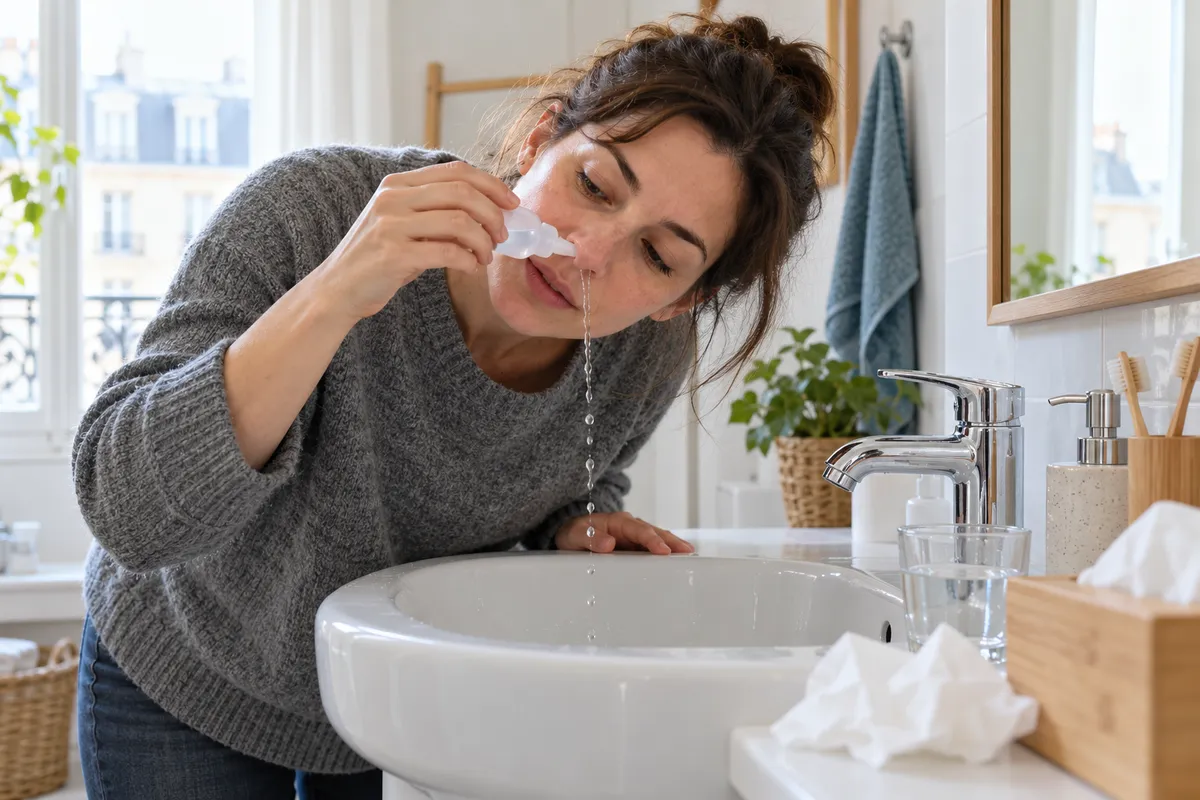 Dans une salle de bains lumineuse, une femme en pull gris penchée au-dessus du lavabo se rince le nez avec une petite dose de sérum physiologique.