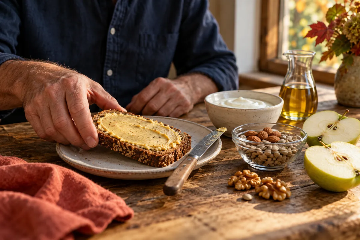 Sur une table de petit-déjeuner, un homme saisit une tartine de pain complet aux graines garnie d'une margarine, près d'un bol de yaourt, d'amandes, de noix, d'une carafe d'huile de colza et d'une pomme.
