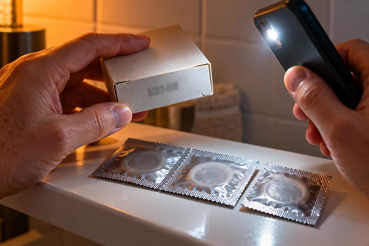 Le soir, sous la lumière d'une lampe de salle de bains et le faisceau d'un téléphone, une main retourne une petite boîte en carton pour lire le numéro de lot imprimé dessous, devant une bande de trois sachets argentés de préservatifs.