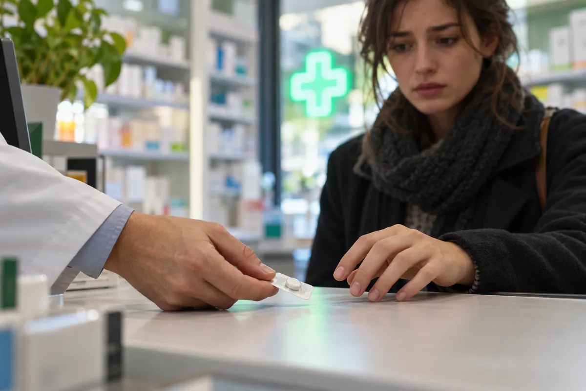 Au comptoir d'une pharmacie, sous la lueur verte de la croix, la main d'un pharmacien en blouse blanche tend une plaquette contenant un seul comprimé à une jeune femme en manteau sombre, qui hésite avant de la prendre.