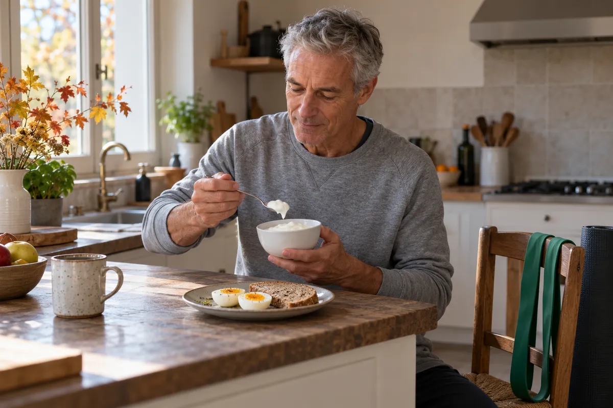 Dans une cuisine lumineuse, un homme d'une soixantaine d'années aux cheveux gris mange un bol de fromage blanc, à côté d'une assiette d'œufs durs et de pain complet, un élastique de sport posé sur une chaise.