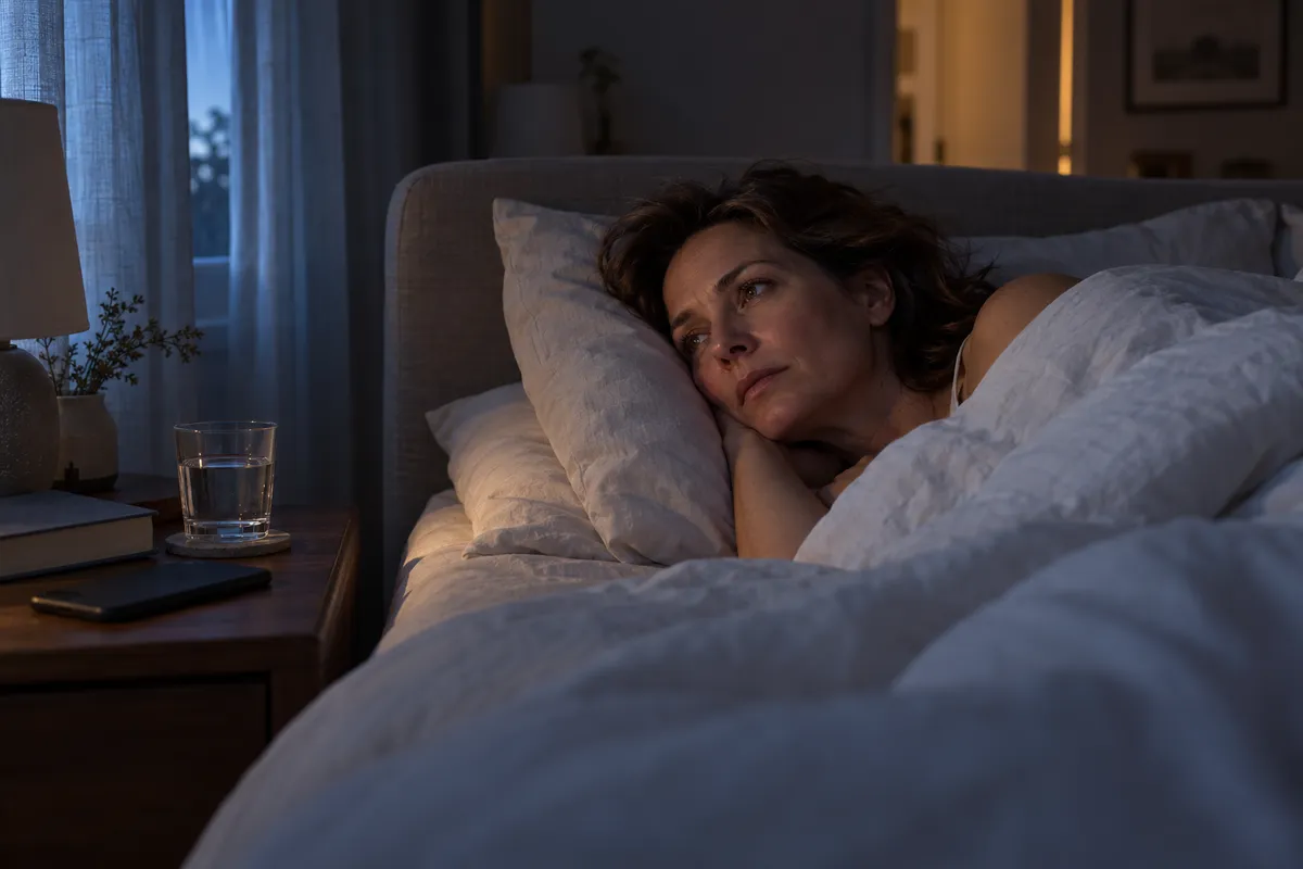 Une femme d'une cinquantaine d'années, allongée dans son lit dans une chambre plongée dans la pénombre, les yeux ouverts au milieu de la nuit.