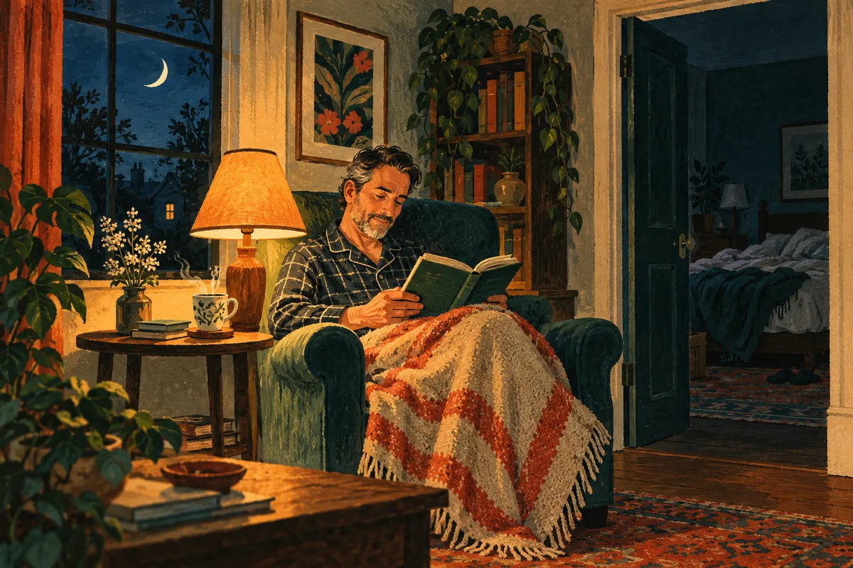 Illustration à la gouache : un homme en pyjama lit dans un fauteuil sous une petite lampe, une tasse fumante à côté de lui, la porte de la chambre ouverte sur un lit défait.