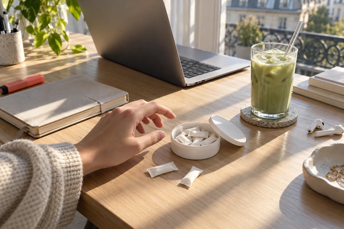 Sur un bureau en bois clair éclairé par le soleil du matin, une boîte ronde blanche ouverte contient de petits sachets blancs, à côté d'un ordinateur portable, d'un agenda, d'écouteurs et d'un verre de matcha glacé.