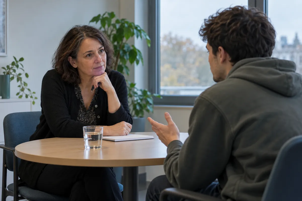 Dans une salle de consultation, une tabacologue en gilet écoute avec attention un jeune homme en sweat à capuche qui lui parle, de part et d'autre d'une petite table.