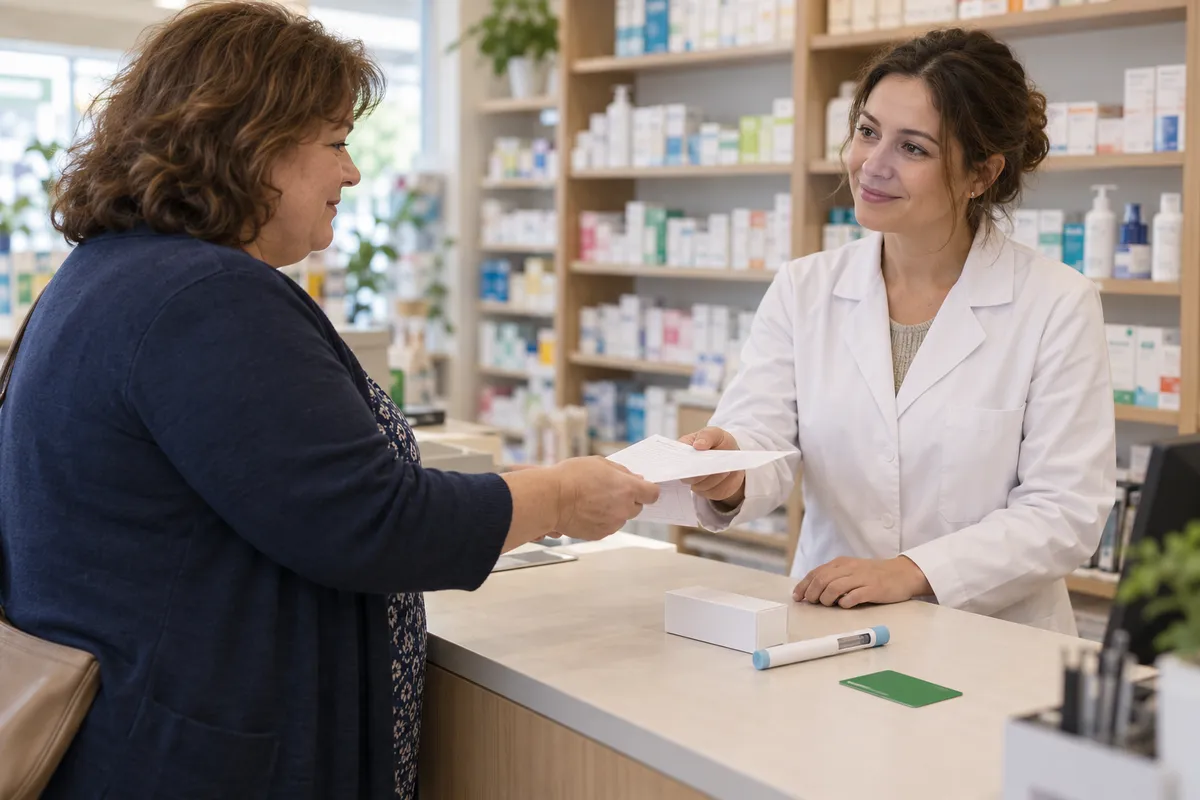 Au comptoir d'une pharmacie, une cliente tend une ordonnance et un formulaire à une pharmacienne ; un stylo injecteur blanc et une boîte sont posés sur le comptoir.