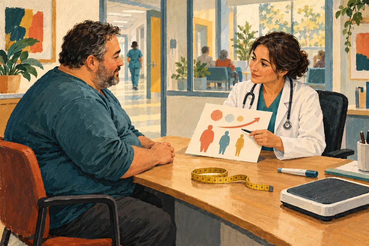 Illustration d'une consultation à l'hôpital : une médecin montre un schéma à un homme en situation d'obésité, un mètre ruban et une balance sur le bureau.
